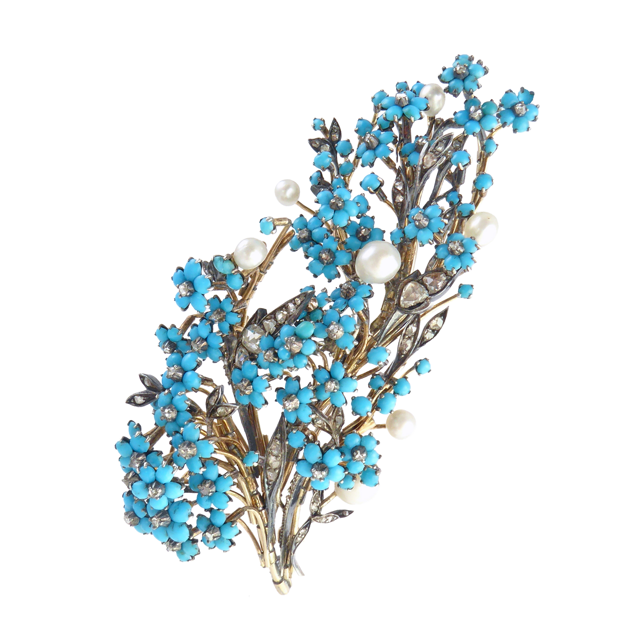 19th century turquoise, diamond and pearl forget-me-not spray brooch, c.1890,